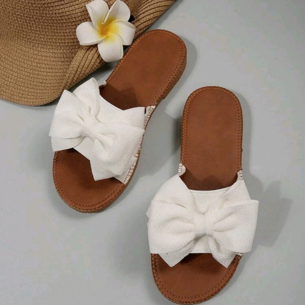 Preppy Slide Sandals For Women, Bow Decor Single Band Flat Sandals - Picture 3 of 6